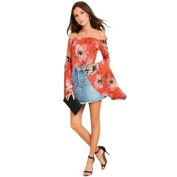 Free People We The Free Birds Of Paradise Printed Top Women M Orange Boho Fairy - Picture 6 of 16